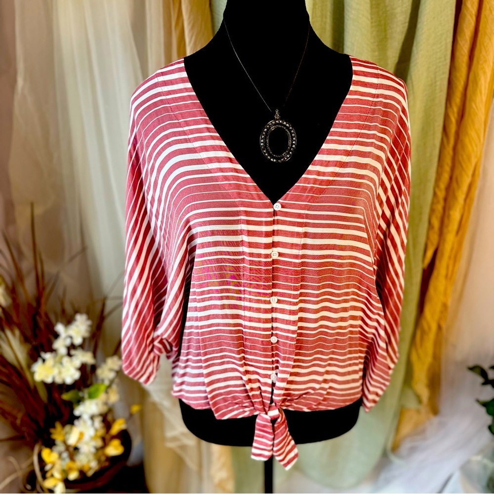 Express striped v-neck flouncy blouse pastel red/white stripes w/tie-waist! (M)